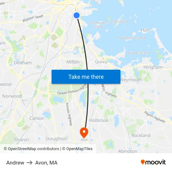 Andrew to Avon, MA map