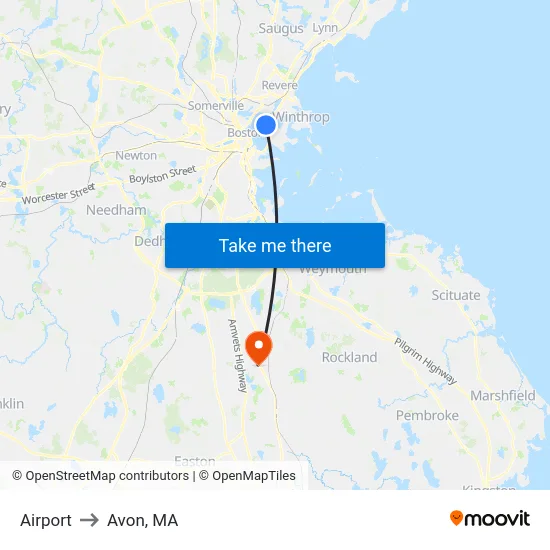 Airport to Avon, MA map
