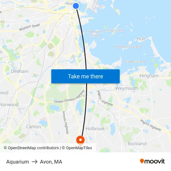Aquarium to Avon, MA map