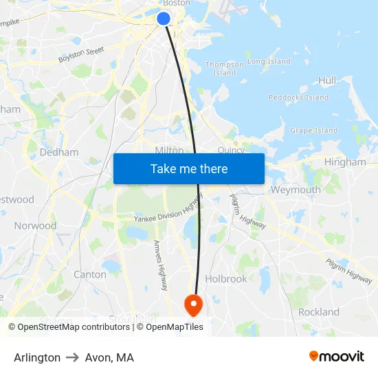 Arlington to Avon, MA map