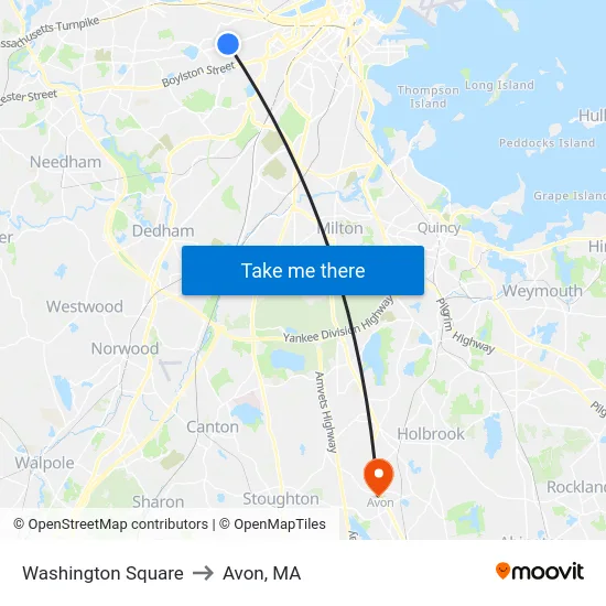 Washington Square to Avon, MA map