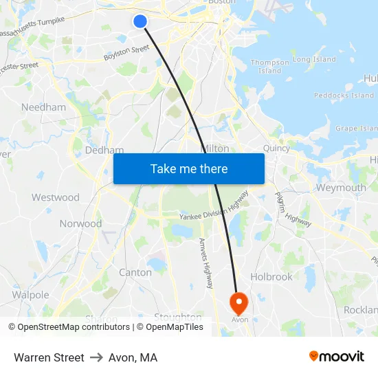Warren Street to Avon, MA map