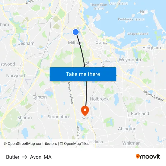 Butler to Avon, MA map