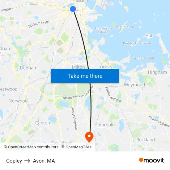 Copley to Avon, MA map