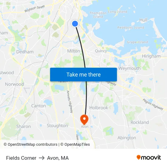 Fields Corner to Avon, MA map