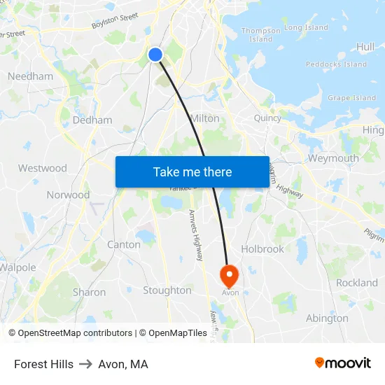 Forest Hills to Avon, MA map