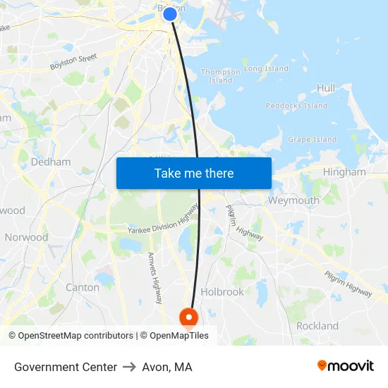 Government Center to Avon, MA map