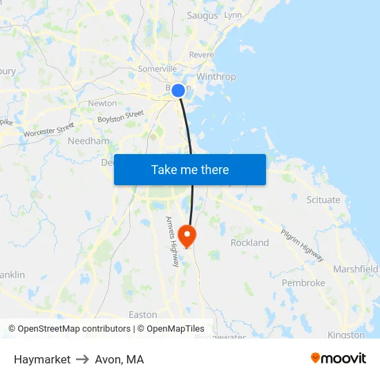 Haymarket to Avon, MA map