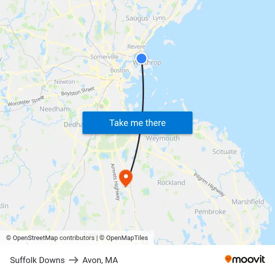 Suffolk Downs to Avon, MA map