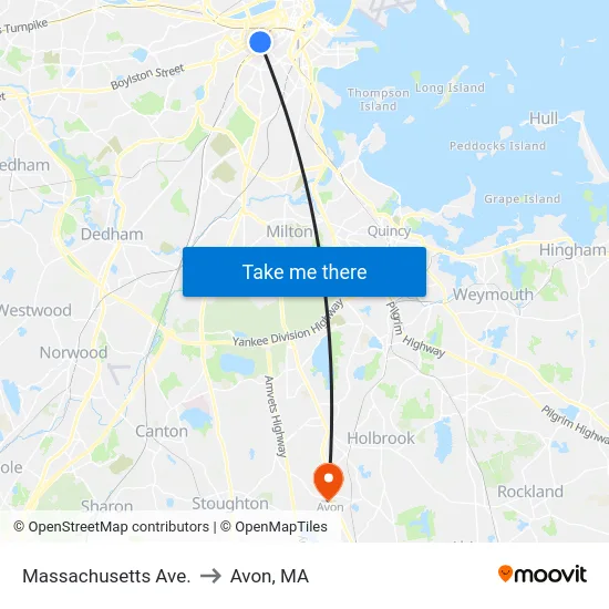 Massachusetts Ave. to Avon, MA map