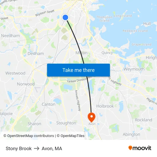 Stony Brook to Avon, MA map