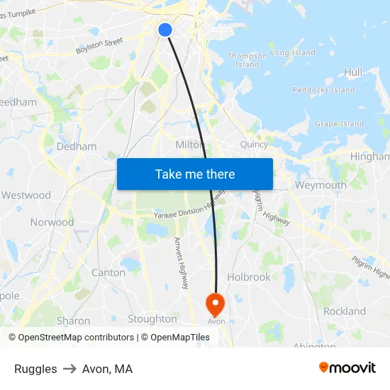 Ruggles to Avon, MA map
