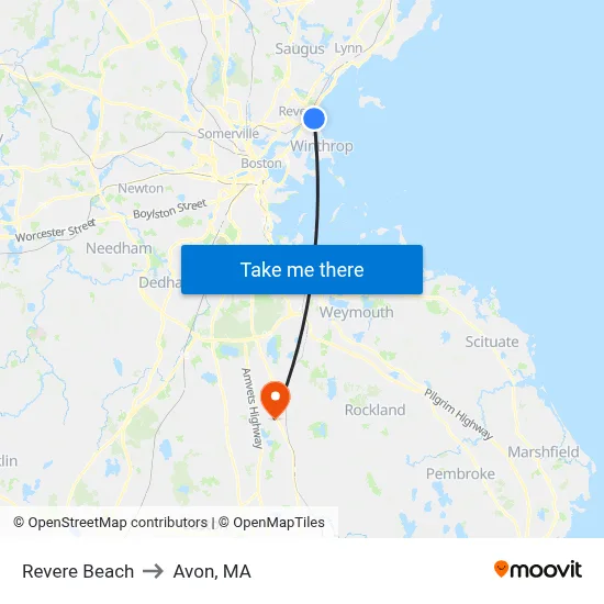 Revere Beach to Avon, MA map