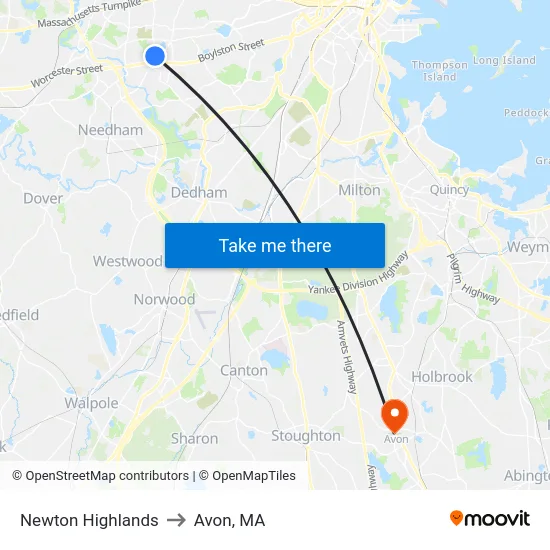 Newton Highlands to Avon, MA map