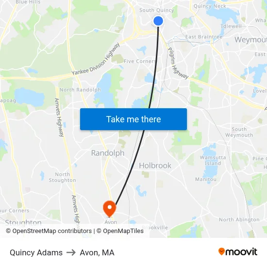 Quincy Adams to Avon, MA map