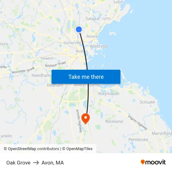 Oak Grove to Avon, MA map
