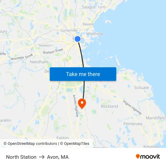 North Station to Avon, MA map