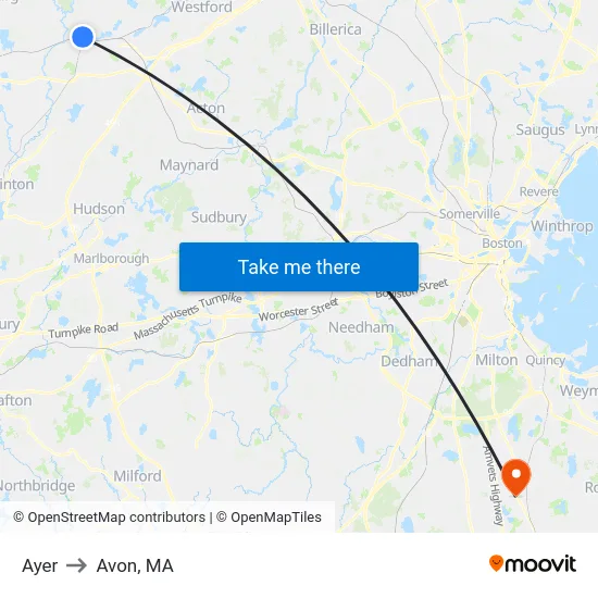 Ayer to Avon, MA map