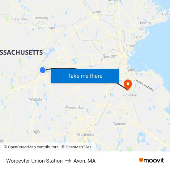 Worcester Union Station to Avon, MA map