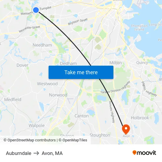 Auburndale to Avon, MA map