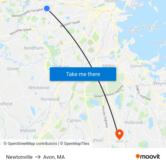 Newtonville to Avon, MA map