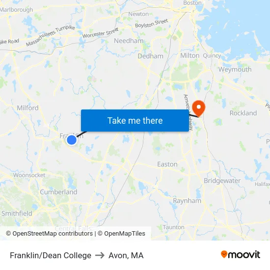 Franklin/Dean College to Avon, MA map