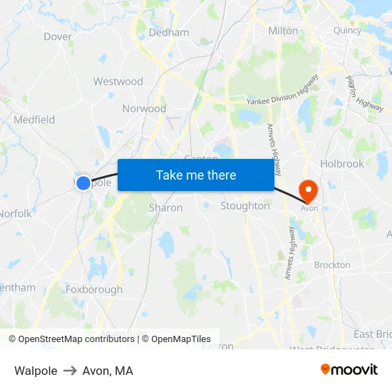 Walpole to Avon, MA map