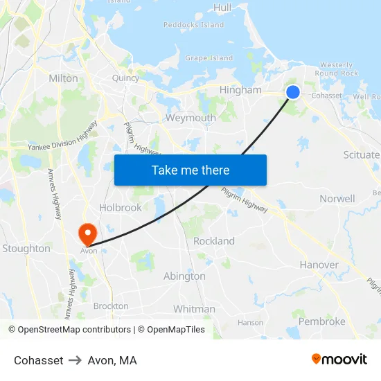 Cohasset to Avon, MA map