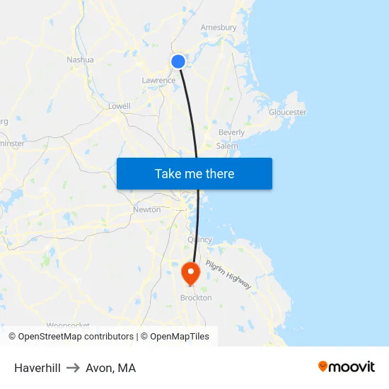 Haverhill to Avon, MA map