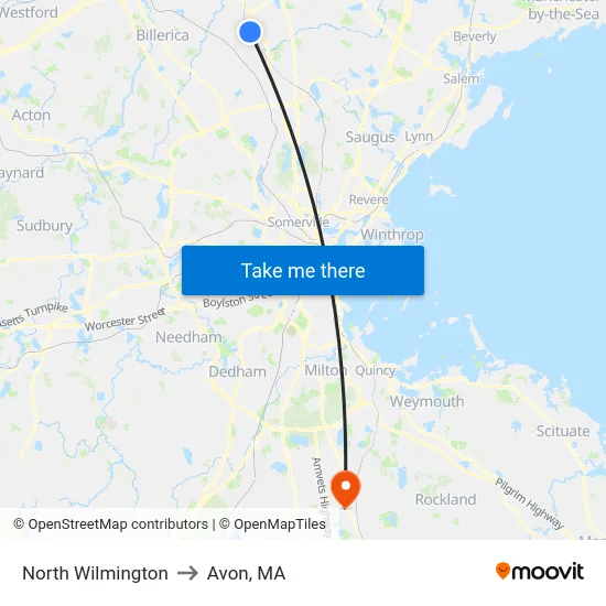 North Wilmington to Avon, MA map