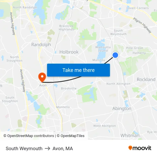 South Weymouth to Avon, MA map