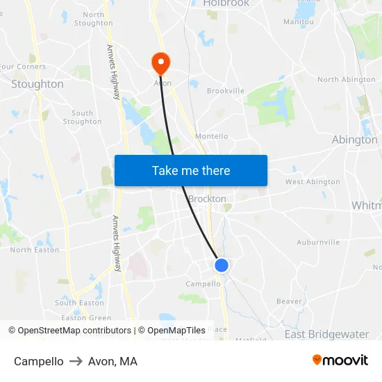 Campello to Avon, MA map