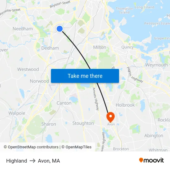 Highland to Avon, MA map