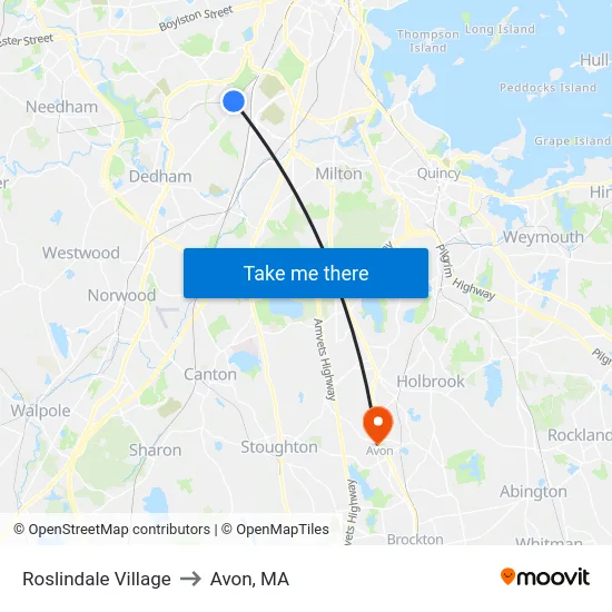 Roslindale Village to Avon, MA map