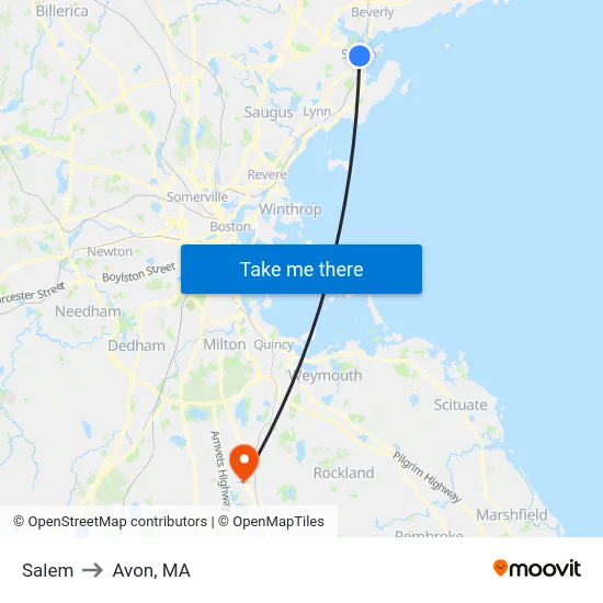 Salem to Avon, MA map