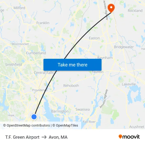 T.F. Green Airport to Avon, MA map