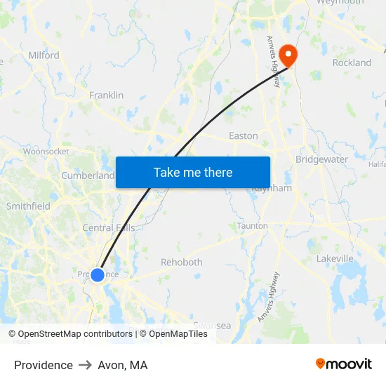 Providence to Avon, MA map