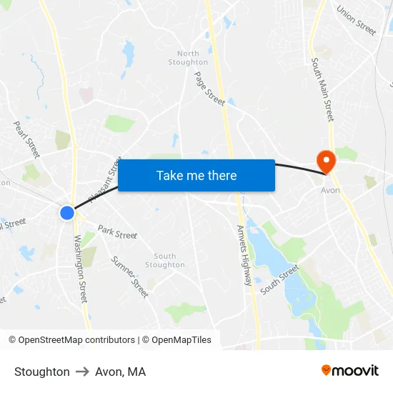 Stoughton to Avon, MA map