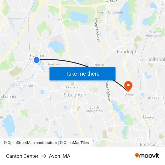 Canton Center to Avon, MA map