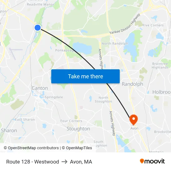 Route 128 - Westwood to Avon, MA map