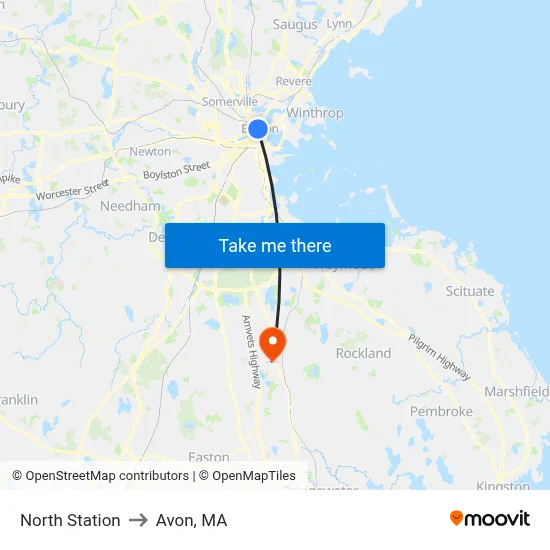 North Station to Avon, MA map