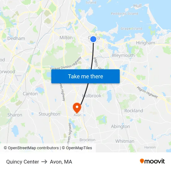 Quincy Center to Avon, MA map