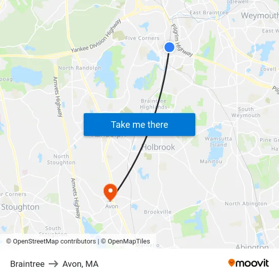 Braintree to Avon, MA map