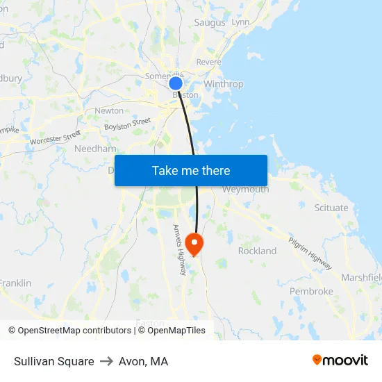 Sullivan Square to Avon, MA map