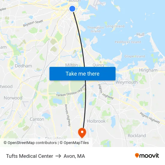Tufts Medical Center to Avon, MA map