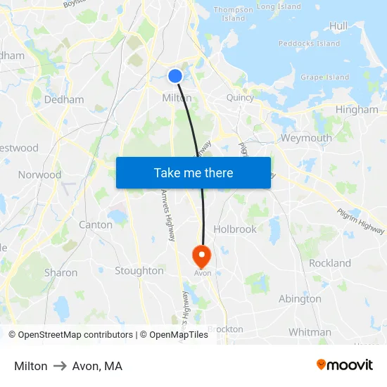 Milton to Avon, MA map