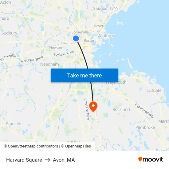 Harvard Square to Avon, MA map