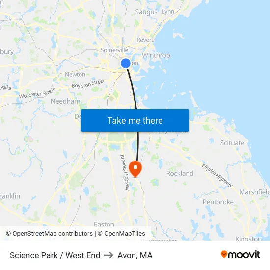 Science Park / West End to Avon, MA map