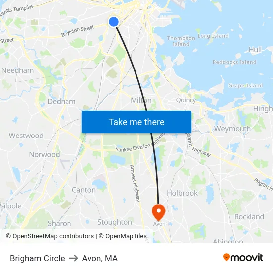 Brigham Circle to Avon, MA map