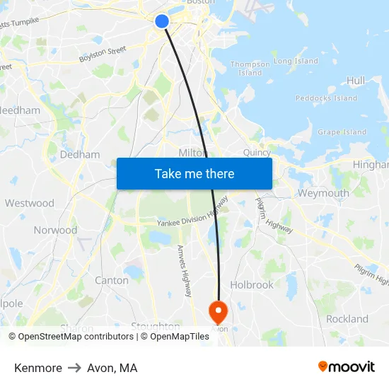 Kenmore to Avon, MA map